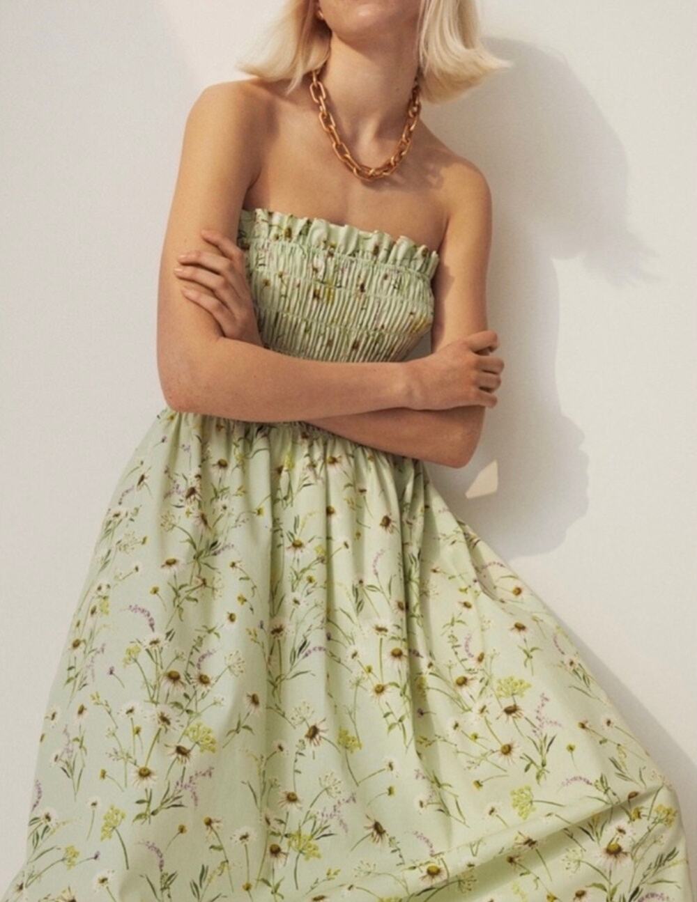 H&M Wildflower Collection Smocked Green Floral Bandeau Dress, S
